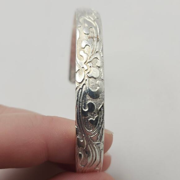 Marked 999 Fine Silver Floral Engraved Adjustable Open Cuff Bangle Bracelet - Picture 8 of 10